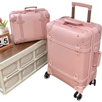 Vintage Leather Women Luggage Set 20in Carry-On + 24/26in Checked Suitcase Luxury Travel Trolley Case with Pink Handbag