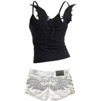 Y2K Hot Girl Angel Wings Embroidered Vest Denim Shorts Suit Retro Sexy Shorts Korean Subculture Punk Rivet Low-Waisted Pants
