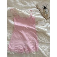 Pink Lace Trim Slim Playsuits Woman Chic High Elasticity Adjustable Strap Skinny Bodysuit Fashion Simple Smooth One-piece Tops
