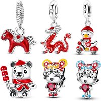 Chinese New Year 925 Sterling Silver Dragon Horse Lion Dance God of Wealth Koi Fish Charms Beads Fit DIY Bracelets Women Jewelry