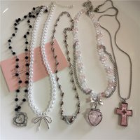 Gothic Vintage Pink Cross Strawberry BowTassel Pendant Pearl Beaded Snake Chain Necklace Women Y2K 2000s EMO Jewelry Accessories