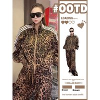 Retro Large Size Leopard Print Sweatshirt Set Women's Autumn 2025 New Stand Collar Open Cardigan Sport Pants Two Piece Set
