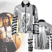 Michael Performance costumeCelebrity Performance Costume Silver Leather Jacket Halloween Stage Party Top