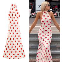2026 Summer New Style Women's Dress Red and White Polka Dot Halter Neck Sleeveless Slim Fit Long Dress Beach Vacation Elegant