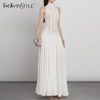 TWOTWINSTYLE Solid Spliced Appliques Loose Dresses For Women O Neck Sleeveless High Waist Temperament Dress Female Fashion New