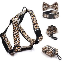 Brown Leopard Dog Harness for Boy Dogs Custom Engraving Pet Collar and Leash Set with Removable Bow Poop Bag Luxury Pet Supplies