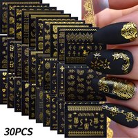 30pcs Mixed Bronzing Gold Nail Art Stickers 3D Gold Flower Lrregular Lines Nail Decal Self-Adhesive Manicure Decoration Slider