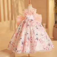 Girls Princess Dress Sleeveless Floral Sequin Pattern Ball Gown Large Bow Back Formal Party Dress Kids Pageant Costume