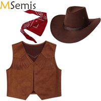 Kids Western Cowboy Costume Suede Leather Fringe Vest with Bandanna Felt Hat Halloween Wild West Cowgirl Cosplay Party Dress Up