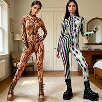 Women Flesh Color Tribal Bodysuit Geometric Festival Rave Stage Show Aerial Yoga Suit High Neck Full Halloween Cosplay Catsuit