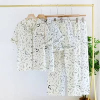 2026 Spring/Summer New Women's Pajamas Three Piece Set 100% Pure Cotton Crepe Thin Short Sleeves+Shorts+Long Pants Home Fury