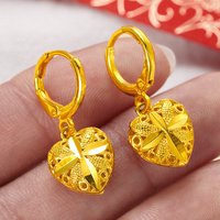 Luxury Genuine Gold Color Love Heart Shape Long Drop Earring for Women Bride Wedding Daily Wear Earring Jewelry Gifts