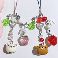 Cute Bell Bear Pendant Matching Phone Keychains Handmade Rilakkuma Strawberry Beaded Accessories Couple Gifts