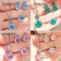 Colorful 925 Sterling Silver Gemstone Set Shining Necklace Open Ring Stud Earrings for Women Wedding Party