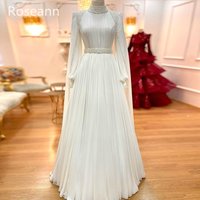 Customized Muslim High Collar Ivory A-line Wedding Dresses Paillette Fold Draped Pleat Belt Brideing Gown robe de mariรฉe 2025
