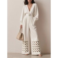 Yeezzi Women's Fashion Hollow Pu Leather Belted Deep V-Neck Jumpsuits Long Sleeves Solid Color Urban Ladies Business Overalls