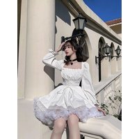 Sweet Lolita Puff Sleeve Dress Women Square Neck Kawaii Lace Partywear Cute Princess Dress Elegant Party Vestidos Y2K Dress