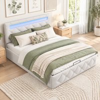 Cadre de lit double Anajqaqia 160x200 cm — Lit rembourré avec système de rangement à vérin, mobilier de chambre à coucher, tissu en velours, couleur abricot, matelas non inclus.