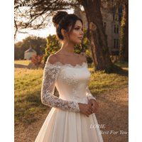 LORIE Exquisite Satin Wedding Dresses Off The Shoulder Lace Full Sleeves Bridal Dress A-Line Train Bride Prom Gowns Customized
