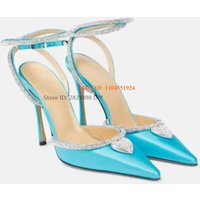 Blue Heart Crystal Embellished Satin Pumps Heeled Women High Heel Party Shoes