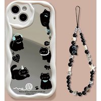 Phone Case For IPhone 15 Pro Max 14 11 12 13 Mini XR 6s 6 8 7 Plus X XS SE 2022 Make Up Mirror Black Cat Bracelet Chain Cover
