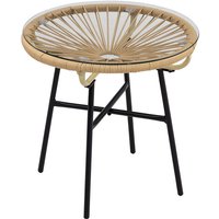 Rattan Side Table, Round Outdoor Coffee Table, with Round PE Rattan and Tempered Glass Tabletop for Patio, Garden, Balcony, Bei