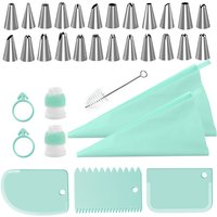 LMETJMA 34Pcs Piping Bags and Tips Set 24 Stainless Steel Tips 2 Reusable Silicone Pastry Bags 3 Icing Smoother 1 Pipe Brush