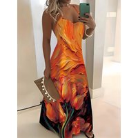 Casual Tulip Dress for Women Orange Floral Print on Black Background Round Neck Sleeveless Summer Dress A Line Fit