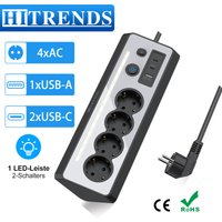 Corner Socket EU plug Power Strip with LED Light, 1.5m cable, 2 switches, Multiple Socket with USB and 2 Type-C for office
