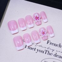 10pcs Medium Square Handmade Press On Nails Kit, Purple Pink Fake Nails, Elegant Wearable Nail Art, Carved Flowers