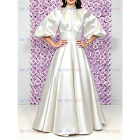 Elegant Quality Satin Pleated Bridesmaid Dress for Wedding Vintage High Neck Balloon Sleeve Communion Party Evening Dresses