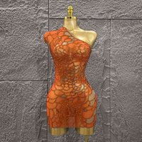 Orange Color Shinning Rhinestones Women Sexy One Shoulder Mesh Bodycon Mini Dress Celebrate Nightclub Party Bar Singer Wear