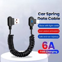 LED Breathing Light 90° Elbow Spring Type-C Charging Cable 1M/1.5M USB-C Durable Anti-tangle Wire Car Charger Connection Cables