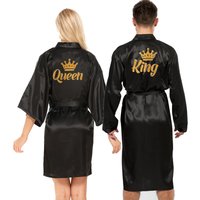 King queen glitter writing men women robe satin crown design honeymoon couple queen kimono robes