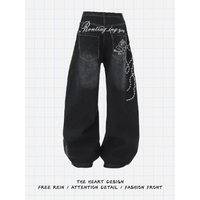 American Style Women's Black Rose Embroidery Jeans High Waist Wide Leg Casual Floor Length Pants Autumn New Washed Denim