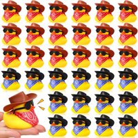 2-60Set Cowboy Rubber Duck Mini Yellow Duckies Bath Party Toy Tiny Ducks Bathtub Toy with Cowboy Hat Paisley Bandanas Sunglasses