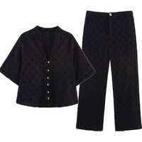 Maxdutti 2025 Summer Minimalist Embroidered Hollow Black Set Short Sleeve Shirt Casual Pants Set Women