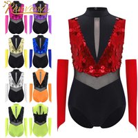 Kids Sequins Ballet Leotard with Gloves Girls Gymnastics Bodysuits Jumpsuits Childs Ballet Jazz Dance Outfit Costumes Dancewear