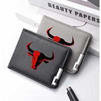 Men's PU leather short wallet with multiple card slots, personalized bull head design and metal frame