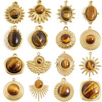 5pcs Real Natural Stone Tiger Eye Charm Sun Eye Oval Boho Pendant Gold Color Stainless Steel Pendants For Jewelry Making Finding