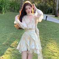 Fall Tea Break V-Neck Bubble Sleeve Chiffon Yellow Floral Print Dress Waist-Cinched Asymmetrical Fairy Short Skirt Women's Fa...