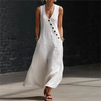 Women's Summer Sleeveless V-Neck Button Maxi Dress Cotton Linen Loose Casual Beach Holiday Sundress Fashion Dress With Pocket