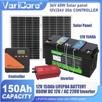 12.8V 150Ah LiFePO4 Battery Pack with 36V 60W Solar Panel 12V/24V 220W 800W Inverter Off-Grid Power System for Home Duty-Free