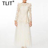 TLIT Fashion Women's Elegant 2 Piece Set Embroidery Long Sleeve Top High Waist Mesh Skirt Sets 2025 Spring Female New SK2064