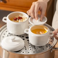 Ceramic Stew Pot with Lid Double Handles Soup Pot for Steaming Egg Home Kitchen Cooking Tool