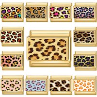 Y2K Golden Italian Charm Links 9mm Bracelets Bangle Stainless Steel Colorful Leopard Women Men DIY Making Jewelry Gifts