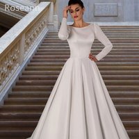 Customized Muslim Retro Ivory O-Neck A-line Wedding Dresses Satin Draped Pleat Brideing Gown Full Brush Train robe de mariรฉe