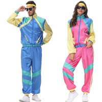 Women 80s Party Tracksuit Color Block Satin Hip Hop Sports Set Stand Collar Zipper Jacket with Drawstring Sweatpants Disco Suit