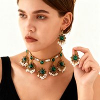 Antique Golden Flower Chain Necklace Set Women's Crystal Waterdrop Pearl Tassel Earrings Necklaces Retro Bohemian Jewelry