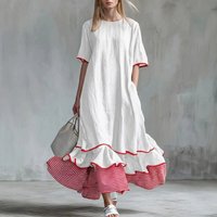 Navy Contrast Red Piping Striped Ruffle Hem Midi Dress Casual Side Pocket Loose Tunic Dress